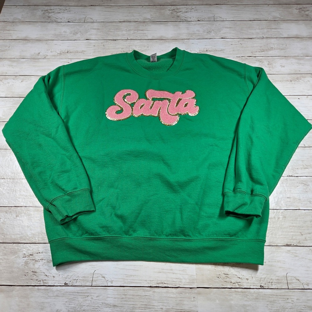 Gildan Santa Chenille Patch Sweatshirt Christmas Pullover Women Large Green Pink